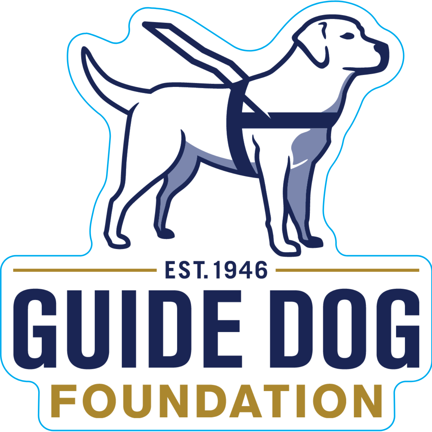 A die-cut car magnet featuring the official Guide Dog Foundation logo. The design shows a yellow Labrador in a blue guide dog harness, standing alert and confident. Below the dog, bold navy text reads “Guide Dog Foundation,” with “est. 1946” in smaller type beneath. The overall design is outlined in light blue, giving it a clean, modern finish.