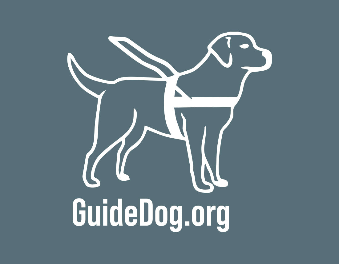 Close up of white Guide Dog Foundation logo dog with "GuideDog.org" URL underneath.