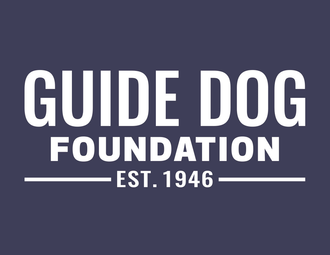 Close up of white 'Guide Dog Foundation' logo on a navy background.