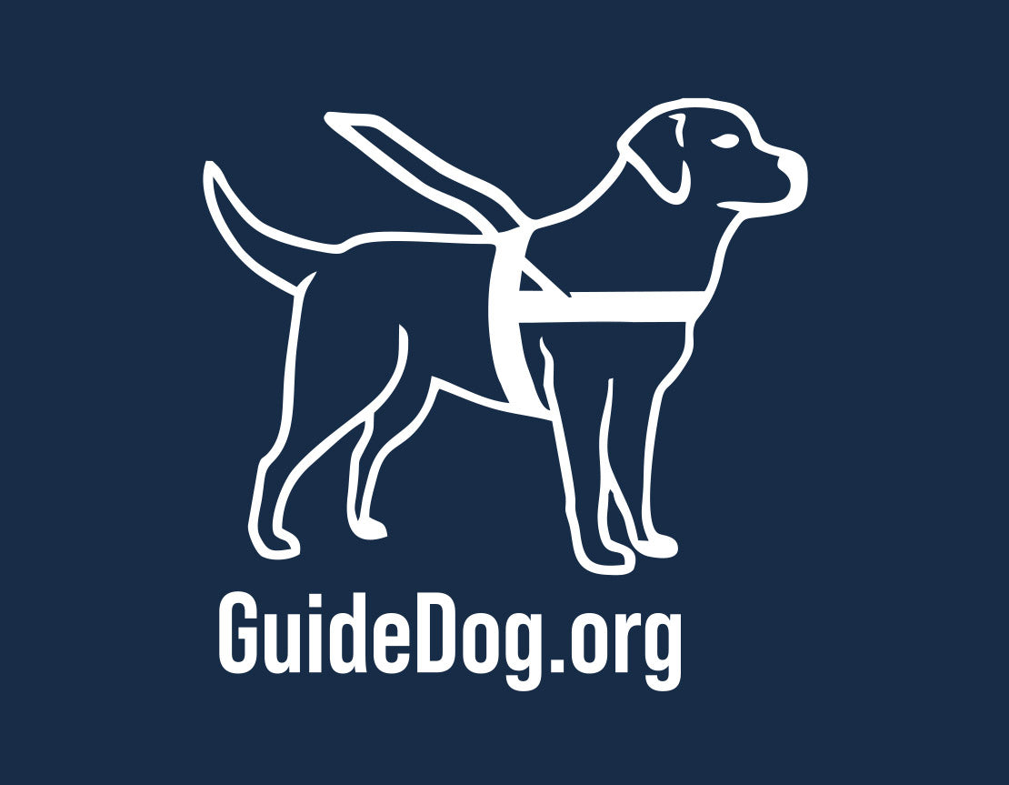 Close up of the white Guide Dog Foundation logo on a navy background.