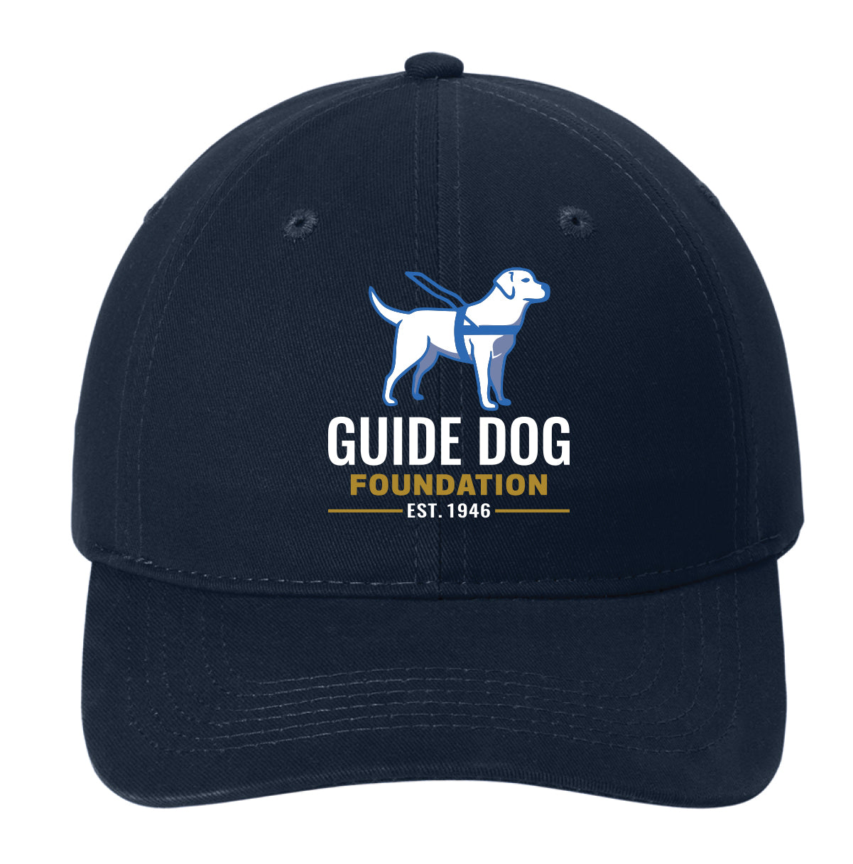 This Guide Dog Foundation baseball cap comes in a classic navy blue, with the Guide Dog Foundation logo embroidered in vibrant color on the front. The rich navy backdrop highlights the logo’s details, creating a refined yet bold look. Made from brushed cotton twill, the cap has a smooth, slightly textured surface with a matte finish, adding to its timeless appeal. Its unstructured, low-profile fit gives a relaxed, casual style, while the six-panel construction ensures durability. An adjustable self-fabric s