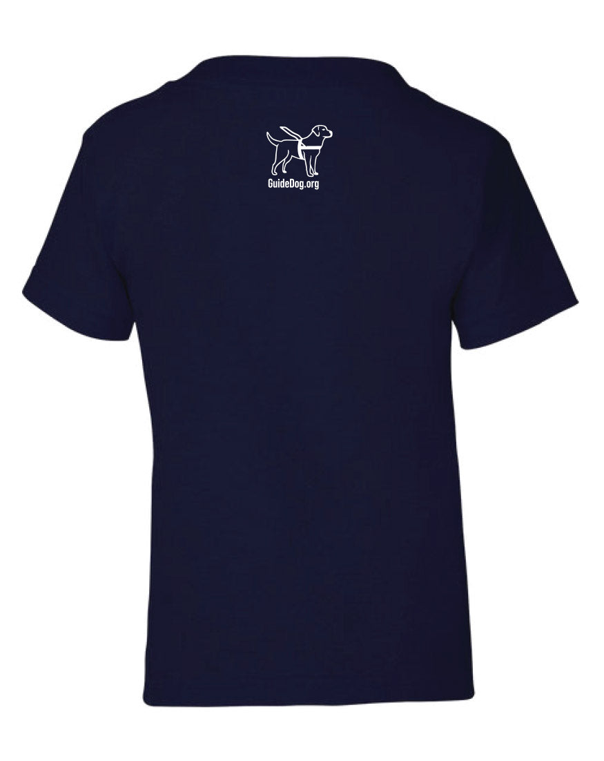 Back of youth short sleeve t-shirt in navy with the Guide Dog Foundation Logo Dog in harness in the center of the back right underneath the neck with the URL "GuideDog.org" under it.