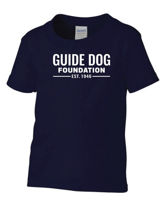 Image of a Youth short sleeve T-shirt in Navy with White "Guide Dog Foundation" Logo on the chest with "EST. 1946" underneath.