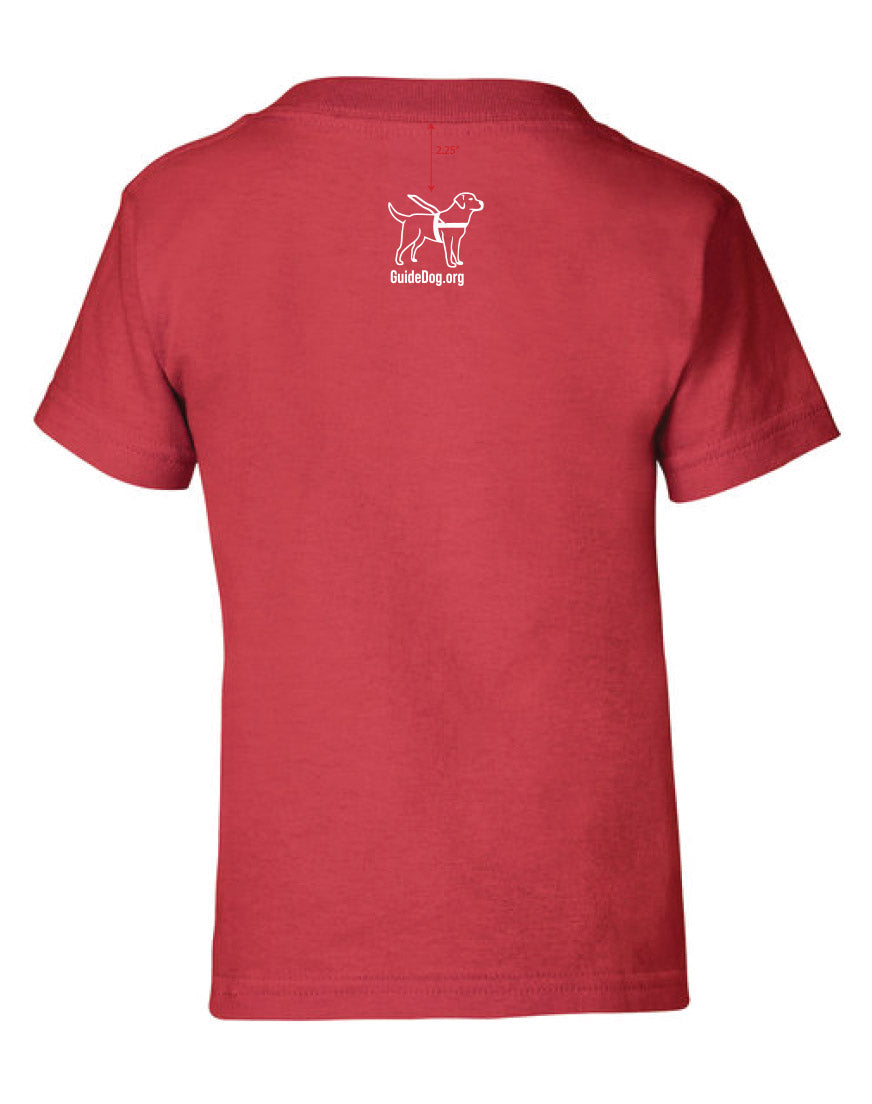 Back of youth short sleeve t-shirt in red with the Guide Dog Foundation Logo Dog in harness in the center of the back right underneath the neck with the URL "GuideDog.org" under it.