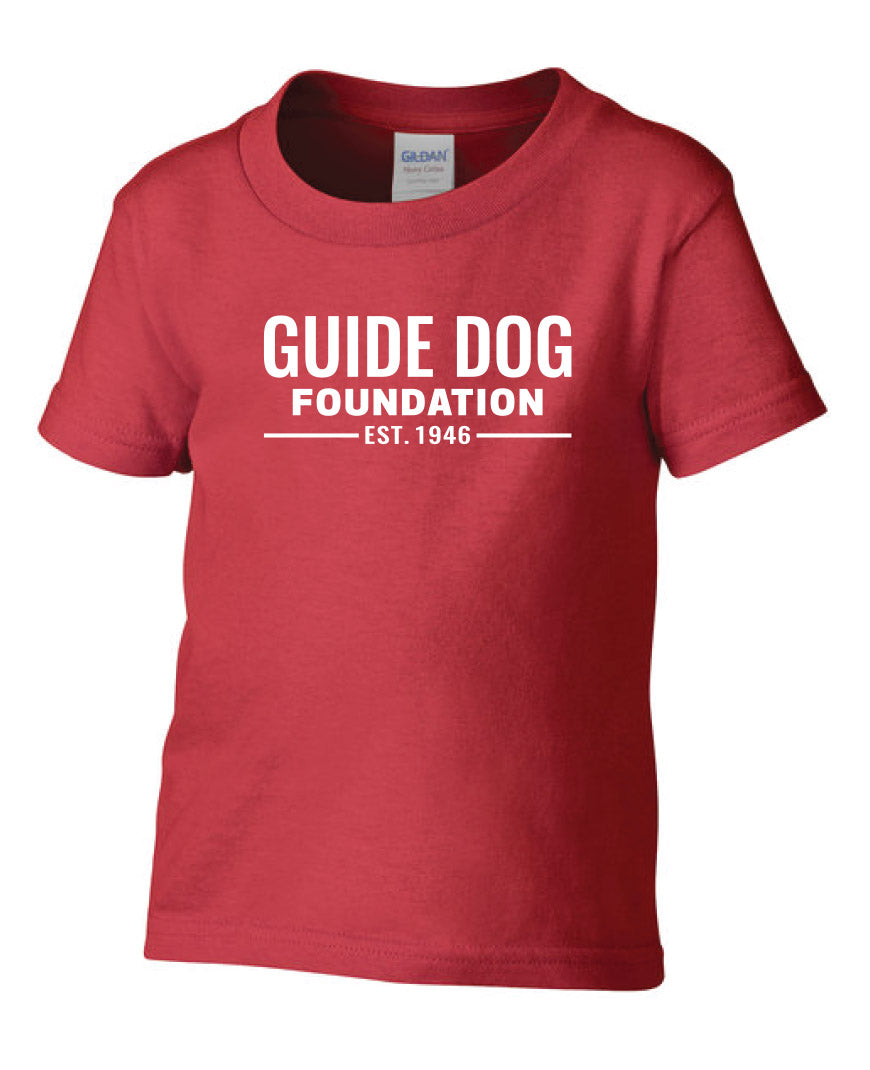 Image of a Youth short sleeve T-shirt in Red with White "Guide Dog Foundation" Logo on the chest with "EST. 1946" underneath.