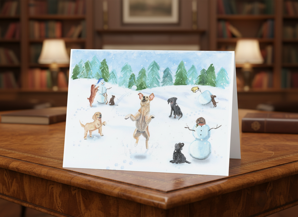 A folded holiday card stands upright on a wooden desk. The front features a hand-painted winter scene with several playful puppies and dogs in the snow, all in front of a background of evergreen trees and a softly painted winter sky. One puppy jumps into the air joyfully in the center, while others play, sit, or help build snowmen nearby. The card has a soft, whimsical watercolor style.
