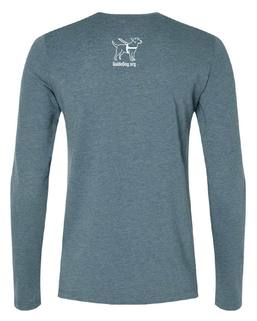 Image of ladies, long sleeve t-shirt in Heather Deep Teal with a white Guide Dog Foundation logo dog on the middle, upper back, right under the neck with "GuideDog.org" URL underneath..