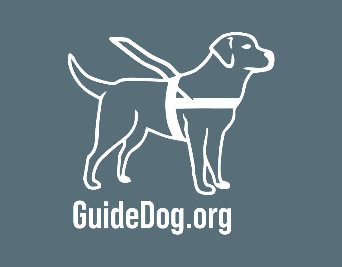 Close up of white Guide Dog Foundation logo dog  with "GuideDog.org" URL underneath.