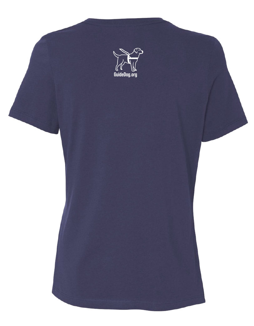 Image of a navy blue, crewneck T-Shirt with a white "Guide Dog Foundation" logo dog with "GuideDog.org on the front with "GuideDog.org" underneath