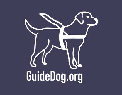 Close up of white Guide Dog Foundation logo dog on a navy background with the "GuideDog.org" URL underneath.