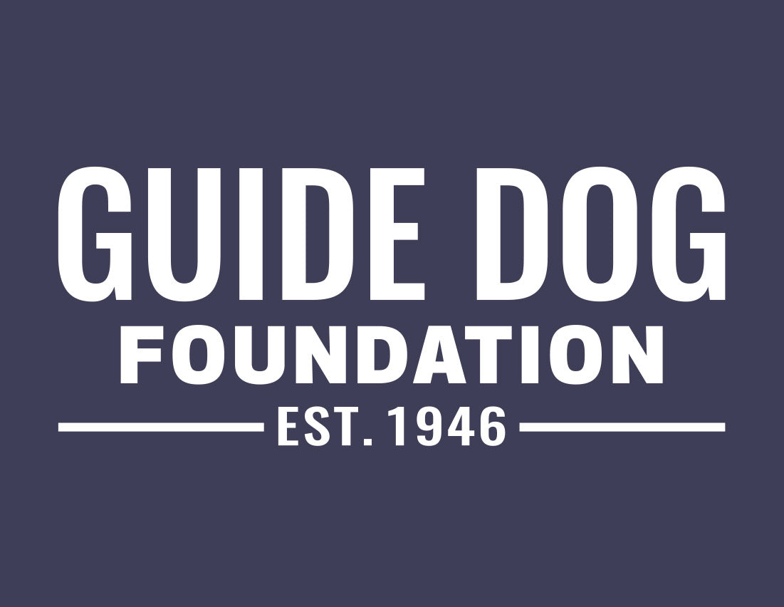 Close up of white 'Guide Dog Foundation' logo on a navy background. 
