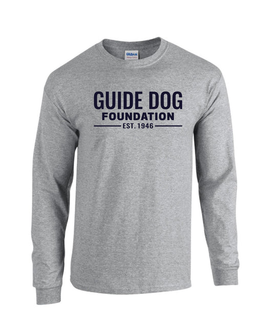 Image of a long sleeve, grey, t-shirt with navy Guide Dog Foundation logo on the chest with "EST. 1946" underneath