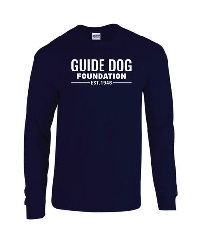 Image of a long sleeve, navy, t-shirt with white Guide Dog Foundation logo on the chest with "EST. 1946" underneath
