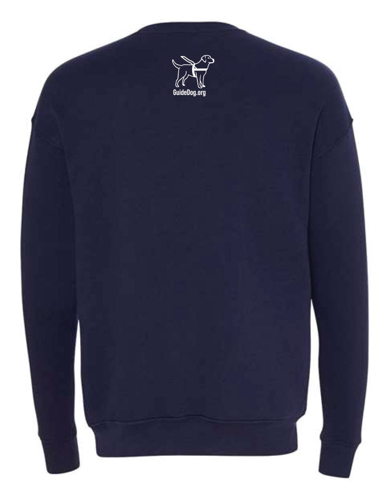 Back of long sleeved Navy Crewneck Sweatshirt. On the upper back, right below the neck, the Guide Dog Foundation logo dog is in white with "GuideDog.org" URL underneath it.