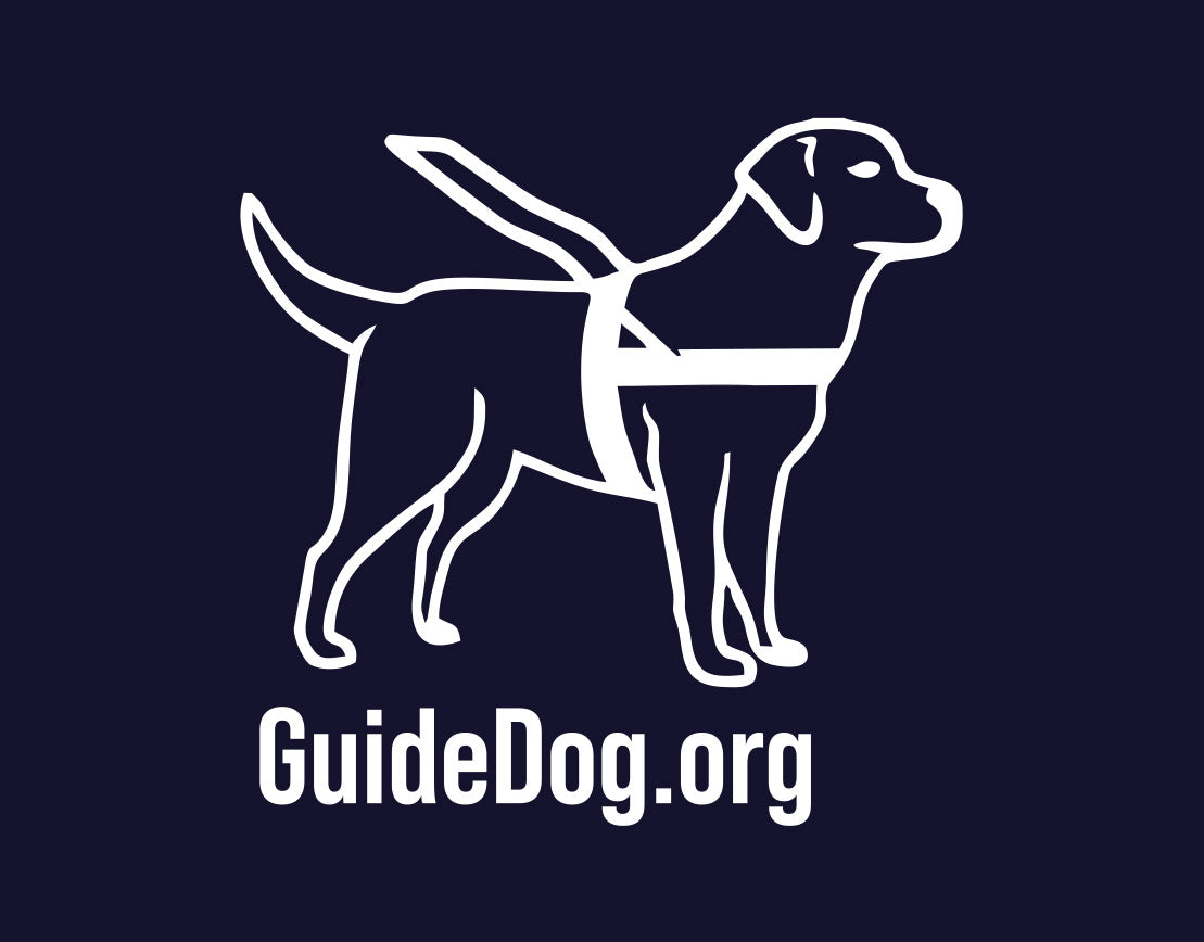 Close up view of white Guide Dog Foundation Logo Dog with "GuideDog.org" URL underneath on a navy background. 