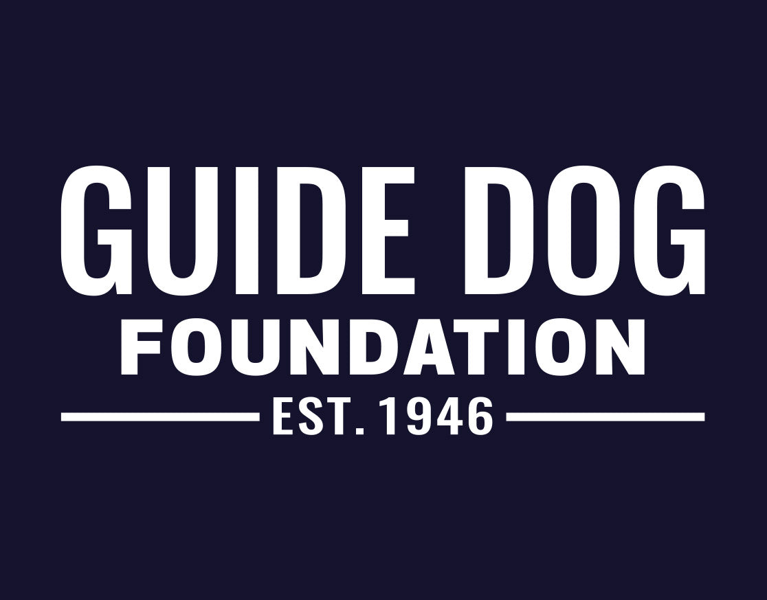 Detail of "Guide Dog Foundation" logo in white on a navy background. "EST. 1946" is underneath the logo. 