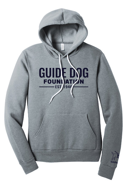 Image shows a grey hoodie sweatshirt with a navy Guide Dog Foundation logo on the front upper chest. A navy Guide Dog Foundation logo dog is on the left sleeve with the "GuideDog.org" URL underneath