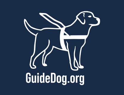 Close up of a white Guide Dog Foundation logo dog with the white "GuideDog.org" on a navy background.