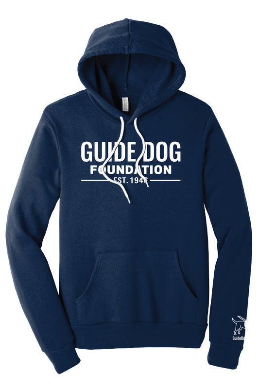 Image shows a Navy Blue hoodie sweatshirt with the white Guide Dog Foundation logo on the front upper chest. A white Guide Dog Foundation logo dog is on the left sleeve with the "GuideDog.org" URL underneath