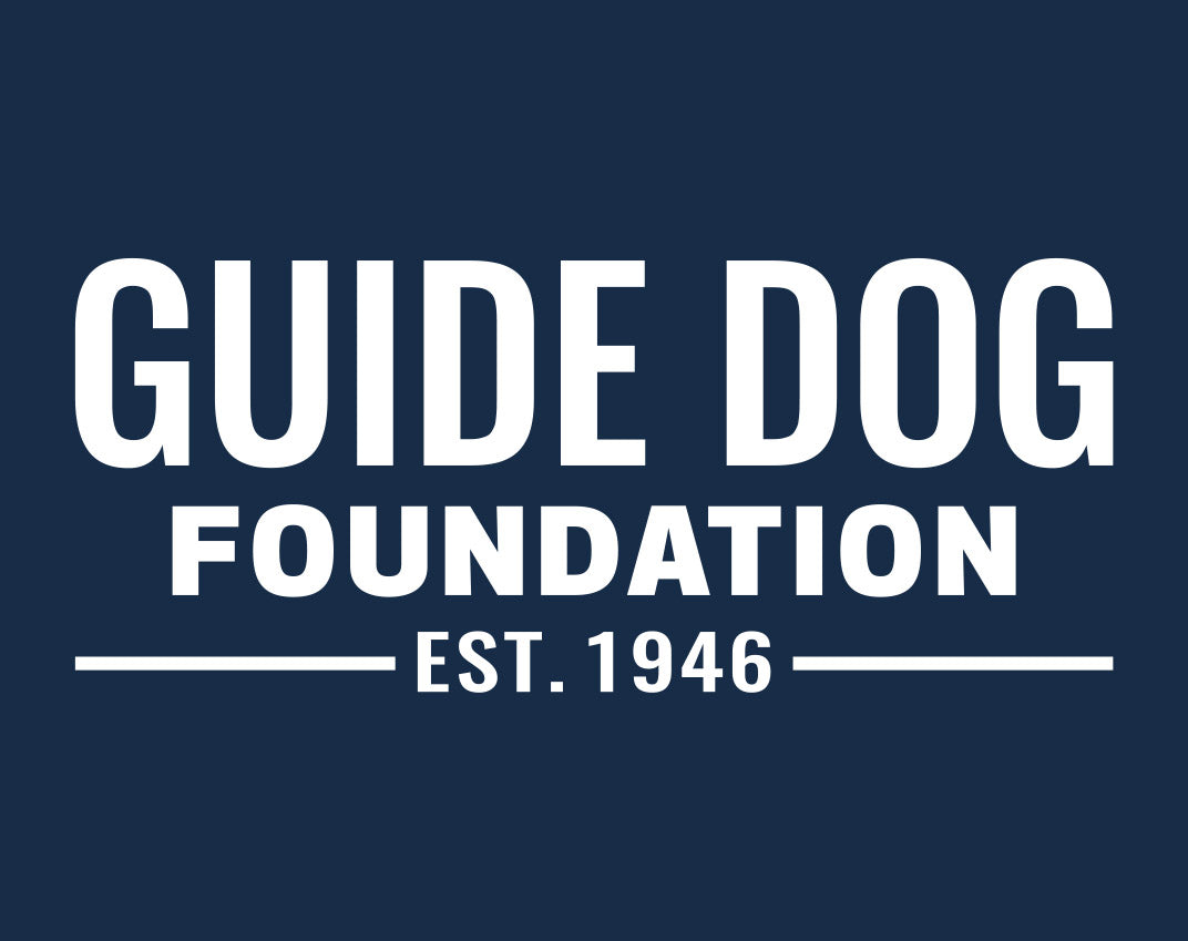Close up of the white Guide Dog Foundation logo on a navy background. 