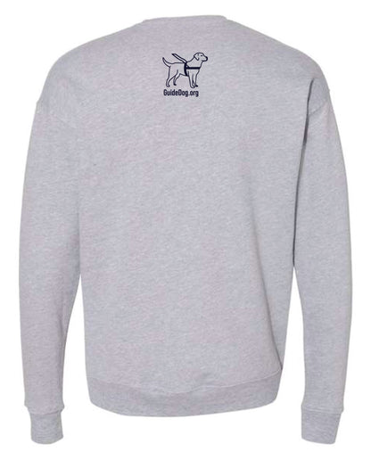 Back of long sleeved grey Crewneck Sweatshirt. On the upper back, right below the neck, the Guide Dog Foundation logo dog with "GuideDog.org" URL underneath it.