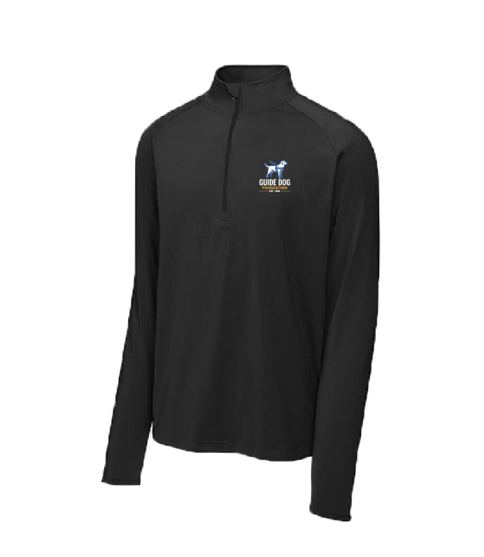 This image shows the Guide Dog Foundation Sport-Wick Stretch 1/4-Zip Pullover in Black, featuring a smooth-faced design with a soft-brushed backing for comfort. The pullover has a cadet collar with a chin guard, raglan sleeves for flexible movement, and a moisture-controlling fabric. It includes open cuffs and hem, a tag-free label, and a sleek finish, ideal for year-round use. Made from a 6.8-ounce, 90/10 poly/spandex blend, it’s designed for comfort and functionality.