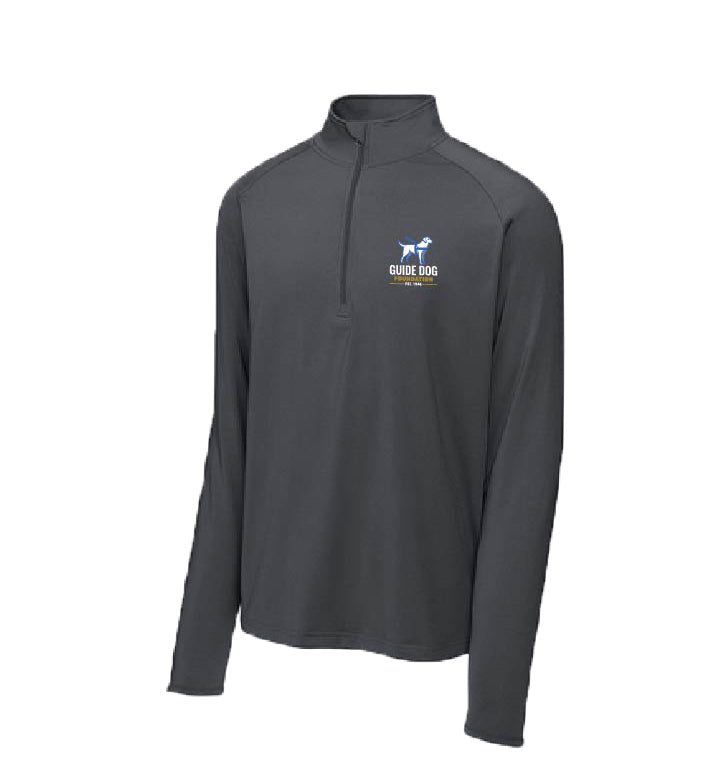 This image shows the Guide Dog Foundation Sport-Wick Stretch 1/4-Zip Pullover in Grey, featuring a smooth-faced design with a soft-brushed backing for comfort. The pullover has a cadet collar with a chin guard, raglan sleeves for flexible movement, and a moisture-controlling fabric. It includes open cuffs and hem, a tag-free label, and a sleek finish, ideal for year-round use. Made from a 6.8-ounce, 90/10 poly/spandex blend, it’s designed for comfort and functionality.