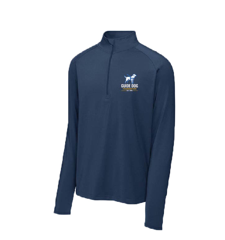 This image shows the Guide Dog Foundation Sport-Wick Stretch 1/4-Zip Pullover in Navy, featuring a smooth-faced design with a soft-brushed backing for comfort. The pullover has a cadet collar with a chin guard, raglan sleeves for flexible movement, and a moisture-controlling fabric. It includes open cuffs and hem, a tag-free label, and a sleek finish, ideal for year-round use. Made from a 6.8-ounce, 90/10 poly/spandex blend, it’s designed for comfort and functionality.